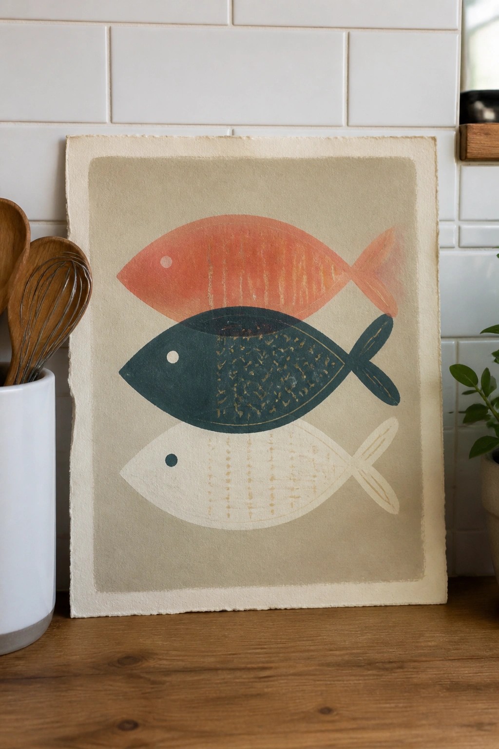 Three stylized fish in coral, teal, and cream on textured beige paper