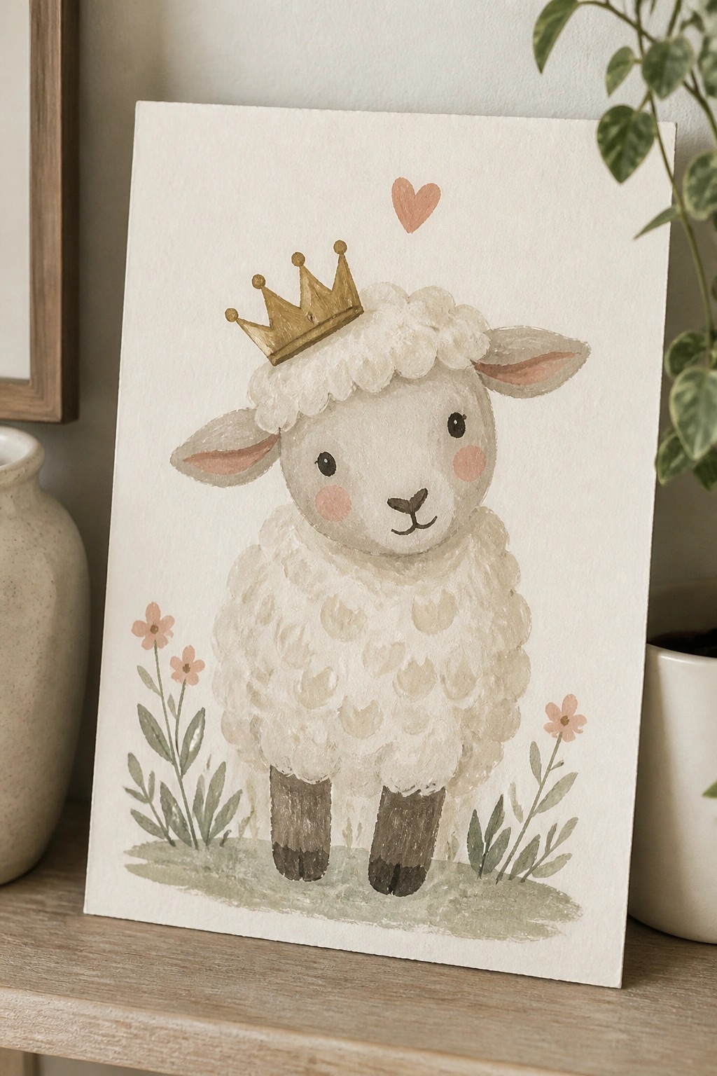 A painting of a white lamb wearing a gold crown, with pink flowers on both sides, a small heart above, and simple grass at the bottom.