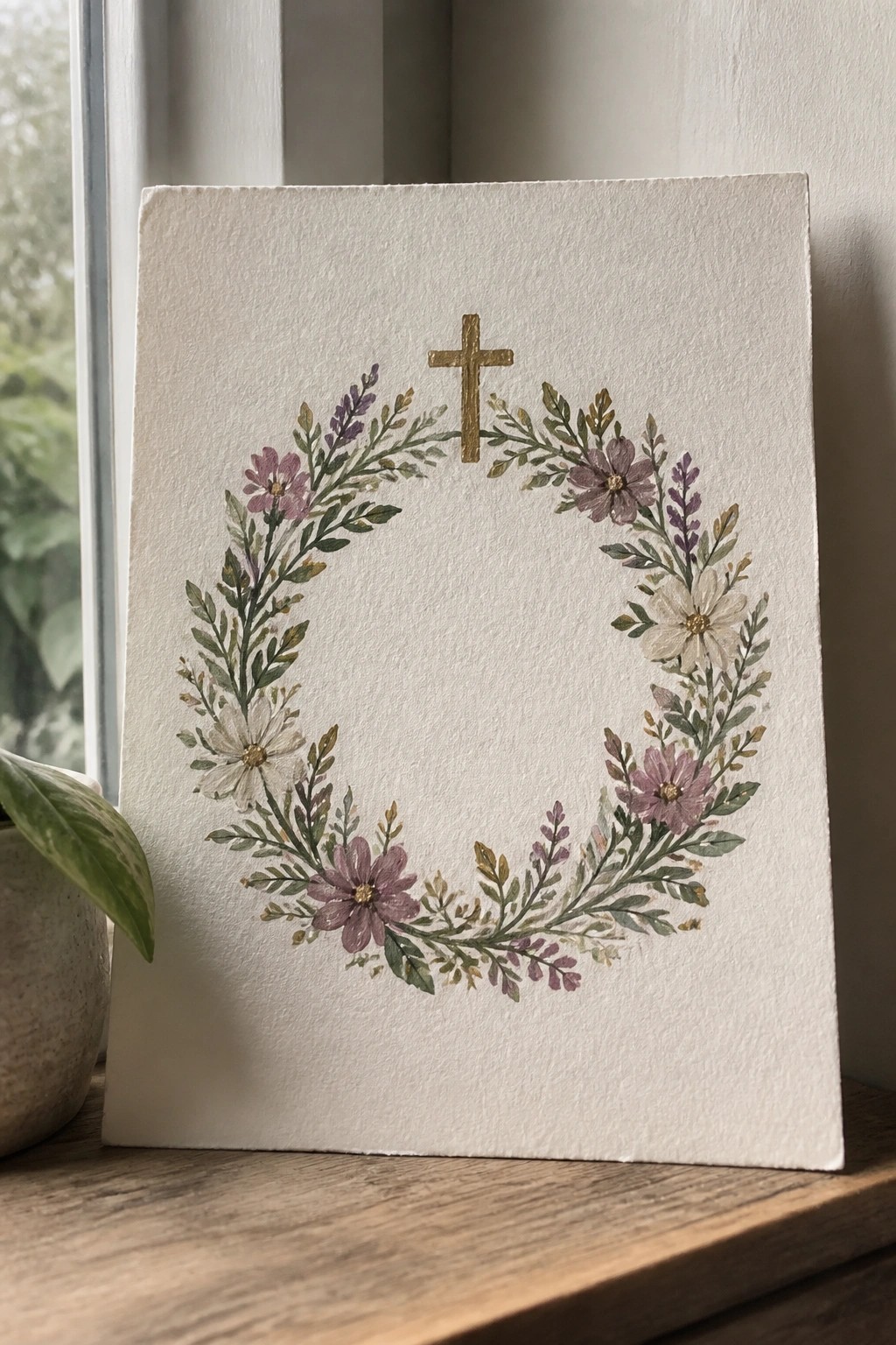 Watercolor floral wreath with gold cross on white paper by window.