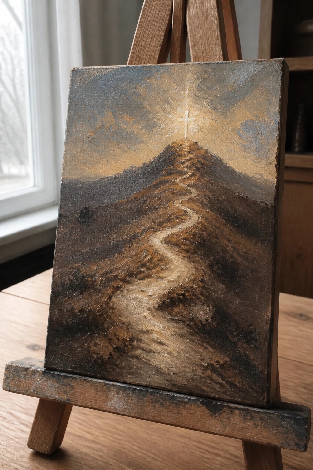 Oil painting on easel of winding mountain path to glowing cross