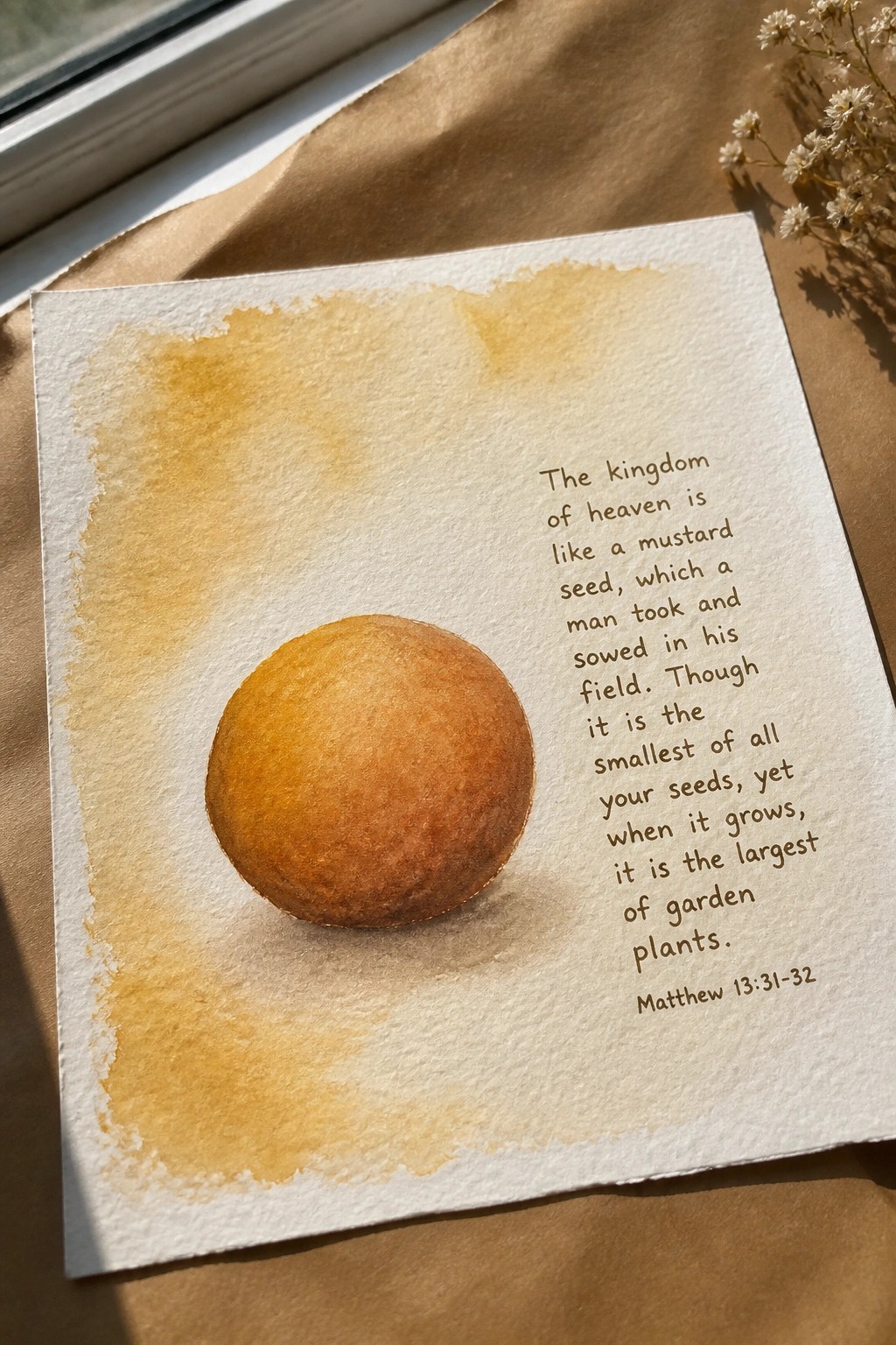 Watercolor mustard seed painting with Matthew 13:31-32 text on paper beside dried flowers