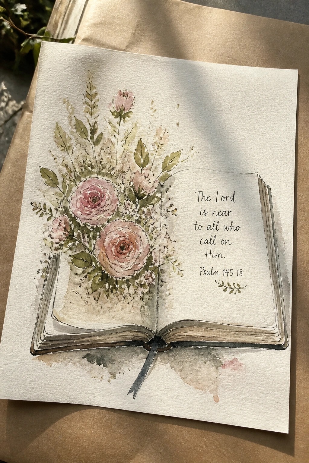Watercolor of open book with pink roses and Psalm 145:18 verse on beige paper