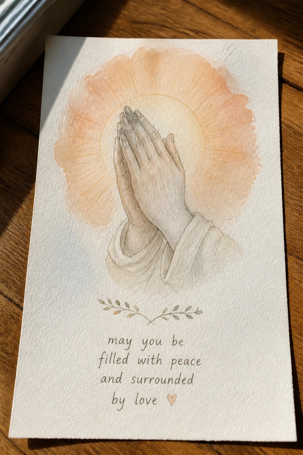 Watercolor praying hands with peach sunburst halo, leaf motif, and peace message below