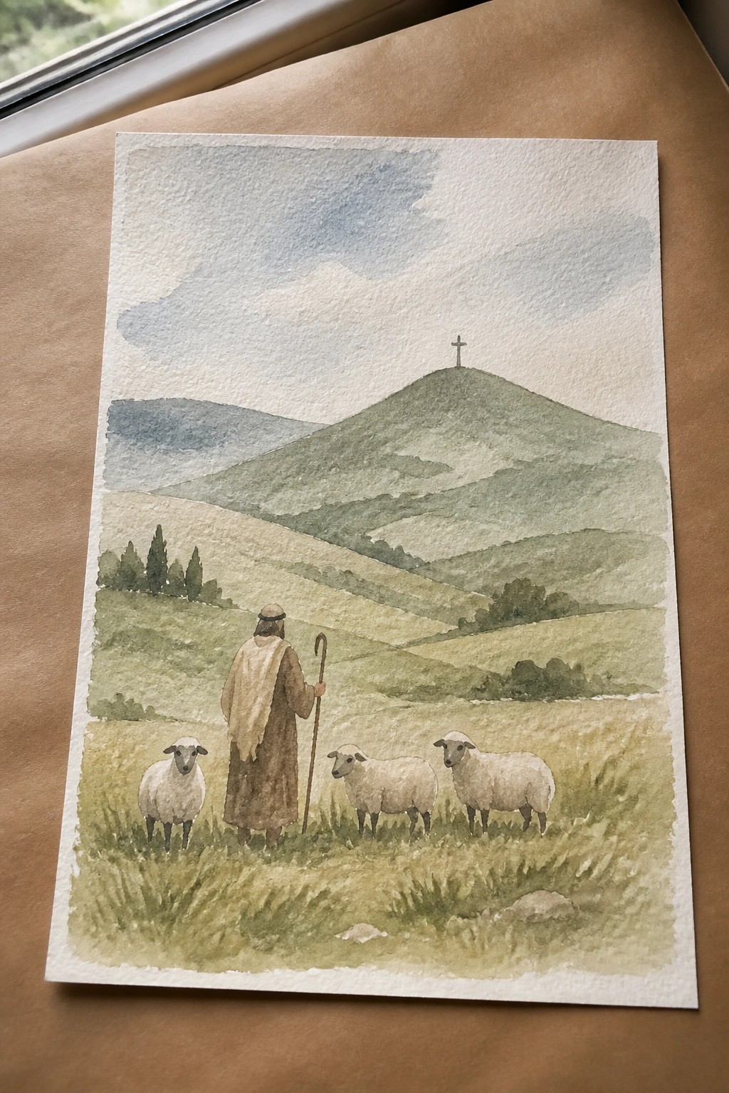 Shepherd in brown robe with staff stands by three sheep before cross on green hill.