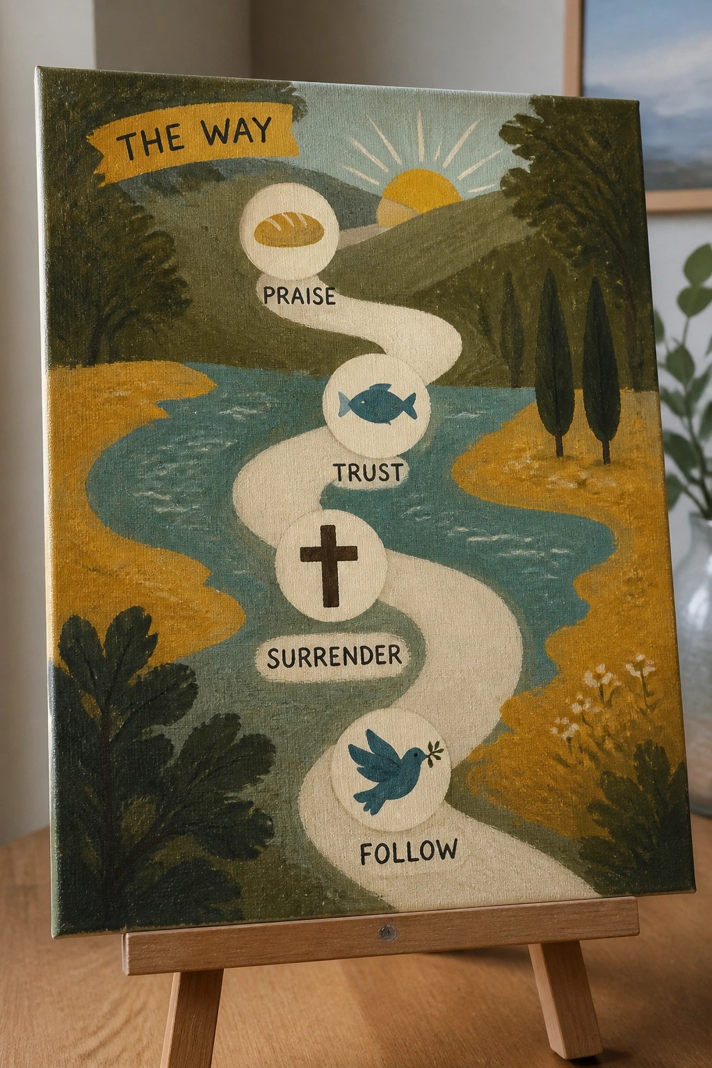 Folk-style painting on easel of winding path labeled Praise, Trust, Surrender, Follow with Christian icons.