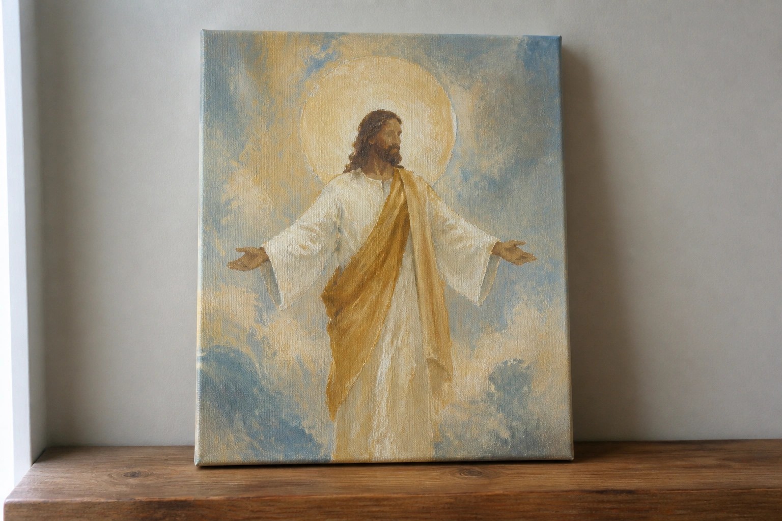 Jesus in white robes with golden sash, arms outstretched on clouds with halo.
