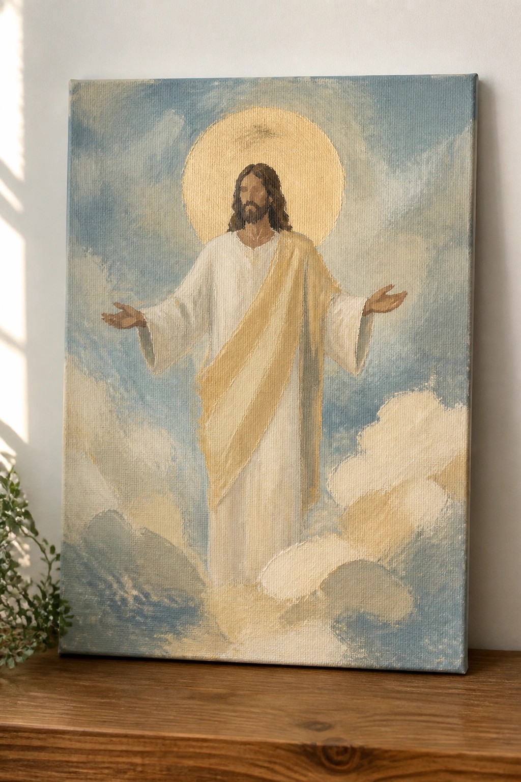 Jesus in white robes with golden sash, arms outstretched on clouds with halo.
