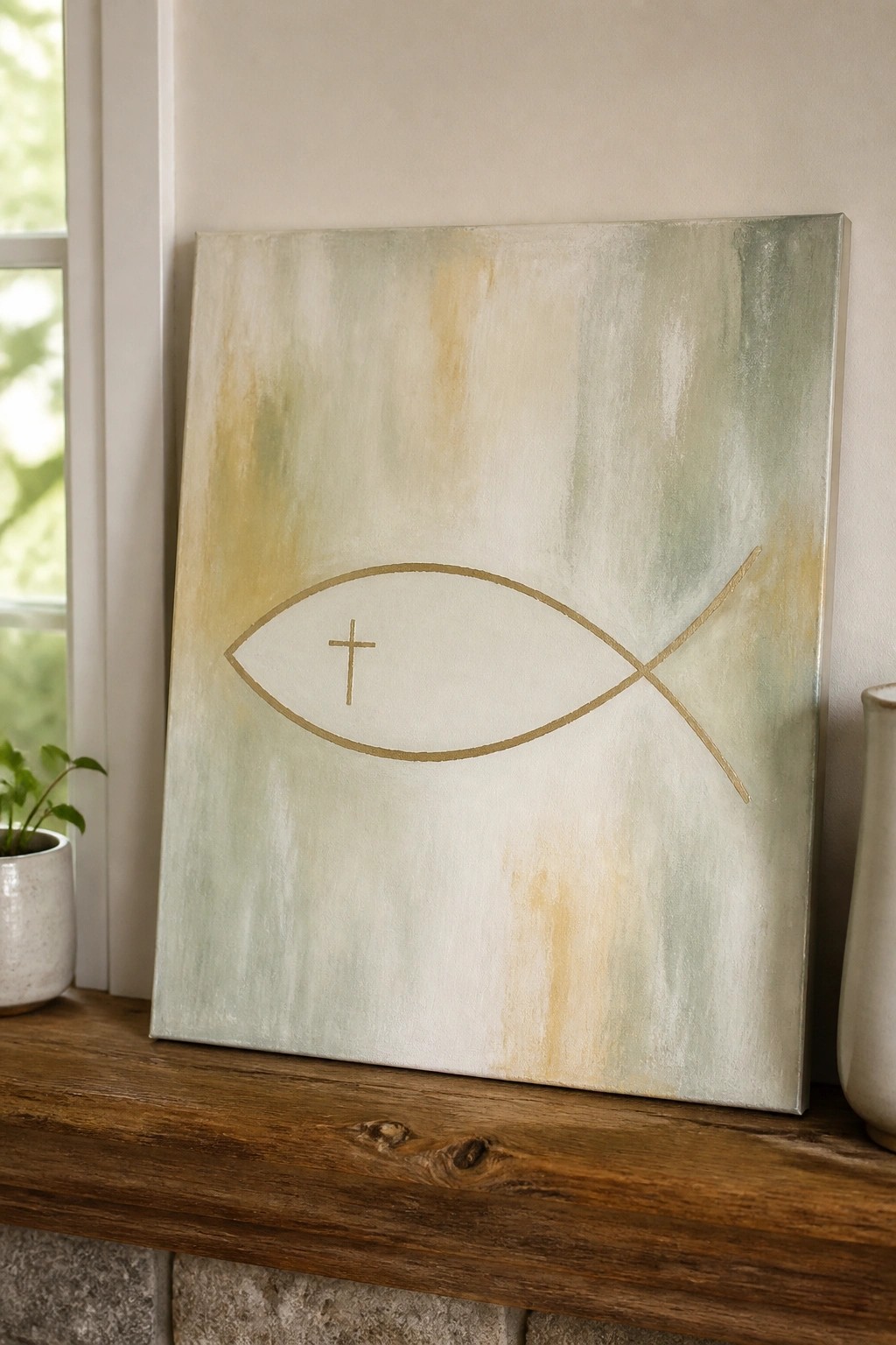 Abstract painting with gold fish and cross on blended green beige background atop wooden shelf.