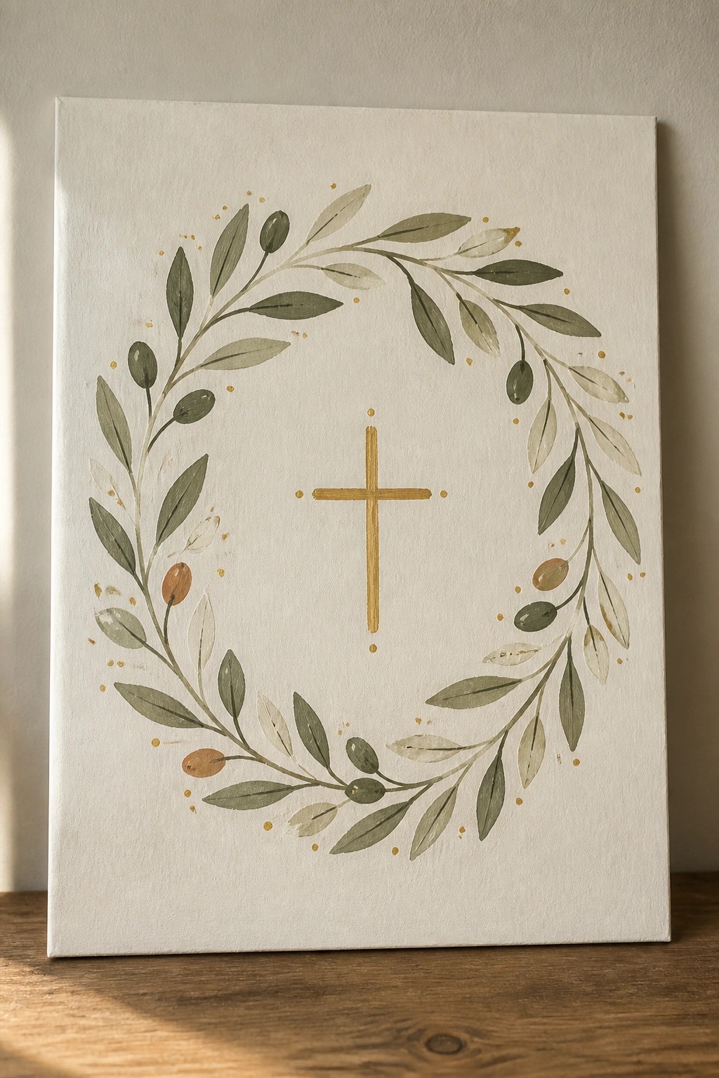 Watercolor olive wreath with golden cross and speckles on white canvas.