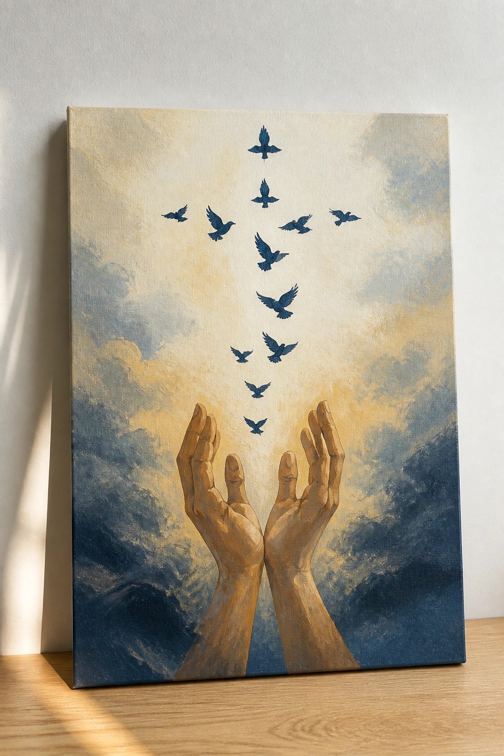 Two raised hands with palms open as blue birds ascend through clouds.