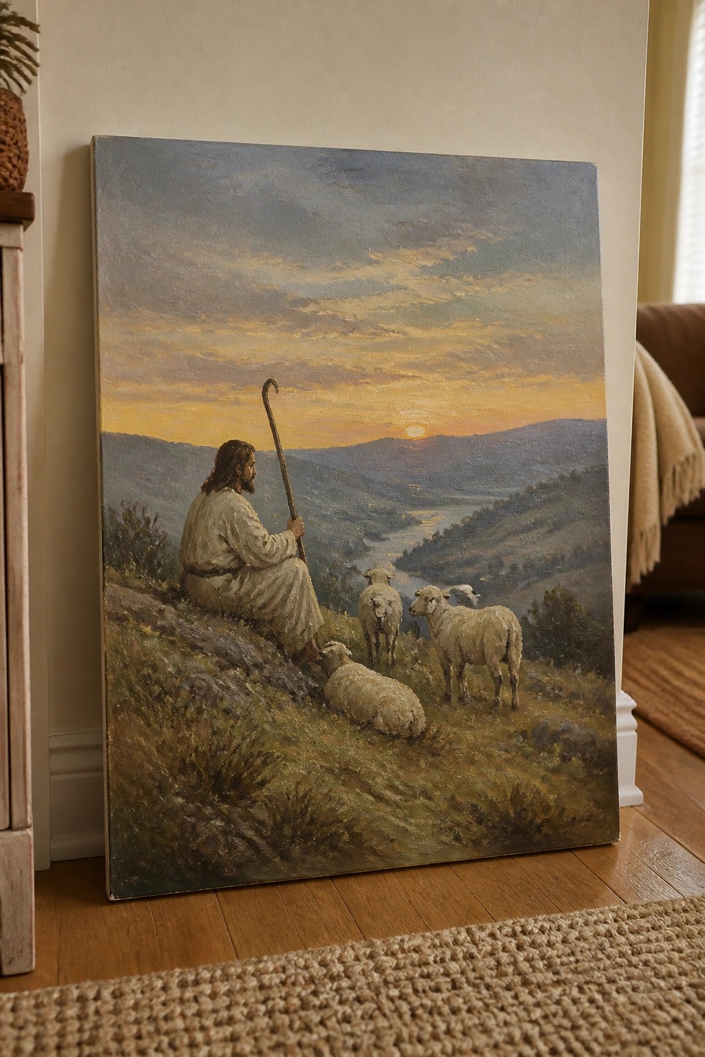 Painting of Jesus in white robes with staff and sheep on hillside at sunset