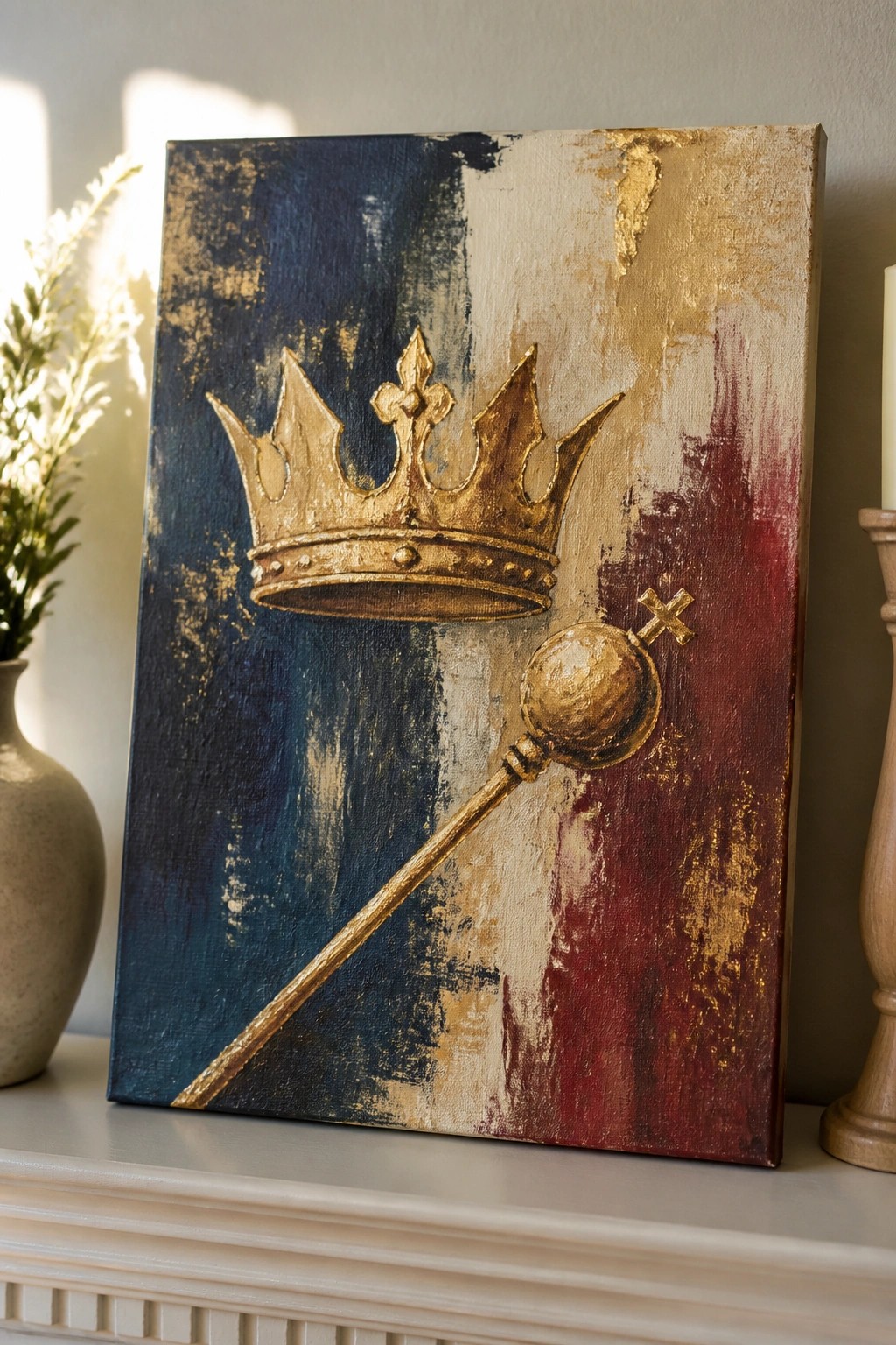 Abstract painting of golden crown and scepter on blue red gold background