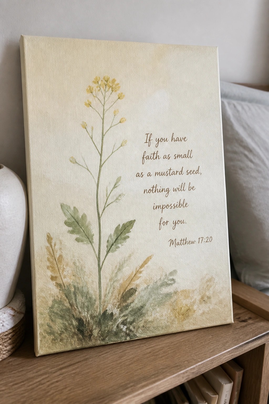 Canvas with yellow mustard plant illustration and Matthew 17:20 faith quote on wood shelf