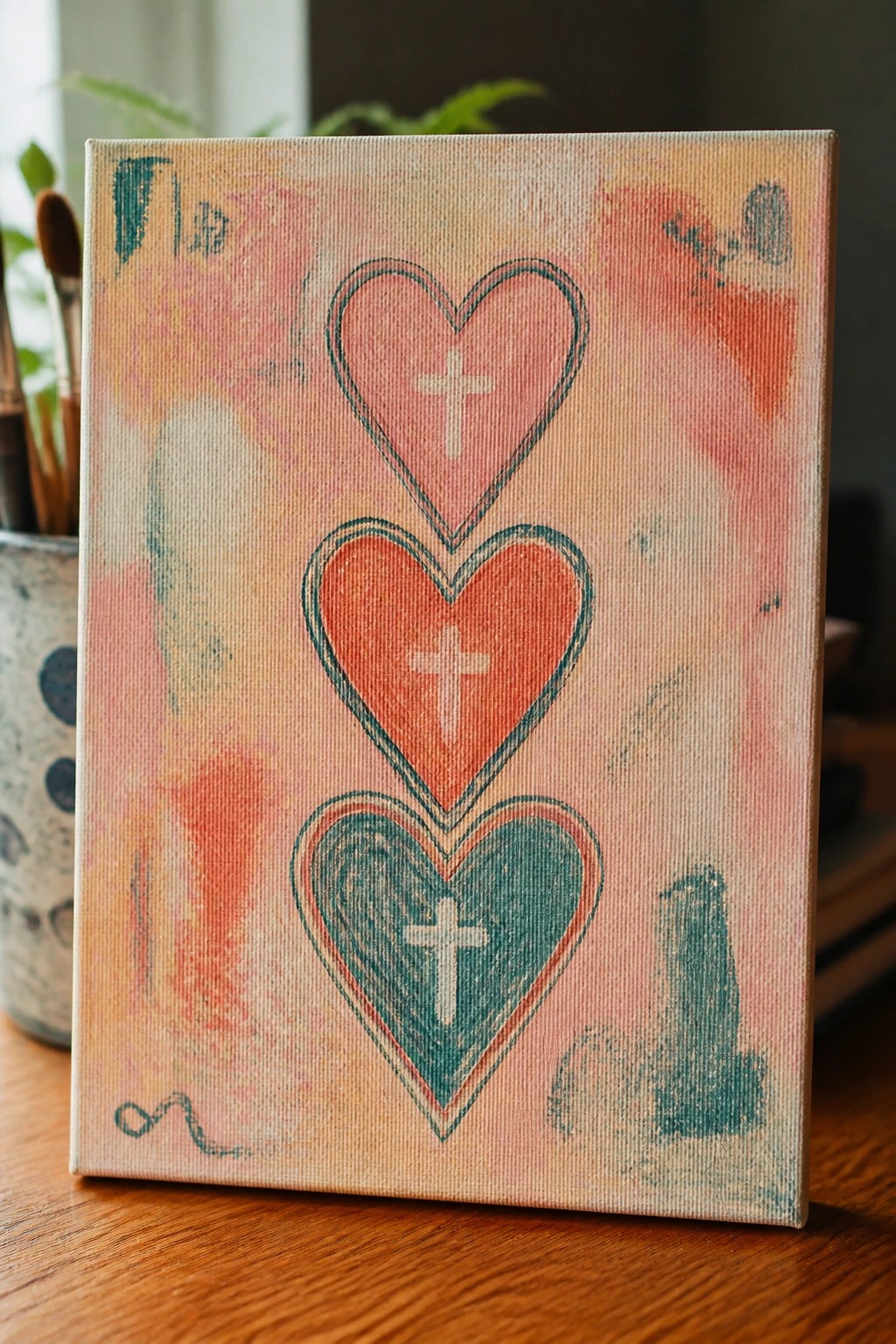 Abstract canvas with three stacked hearts in pink, red, and teal, each with a cross.