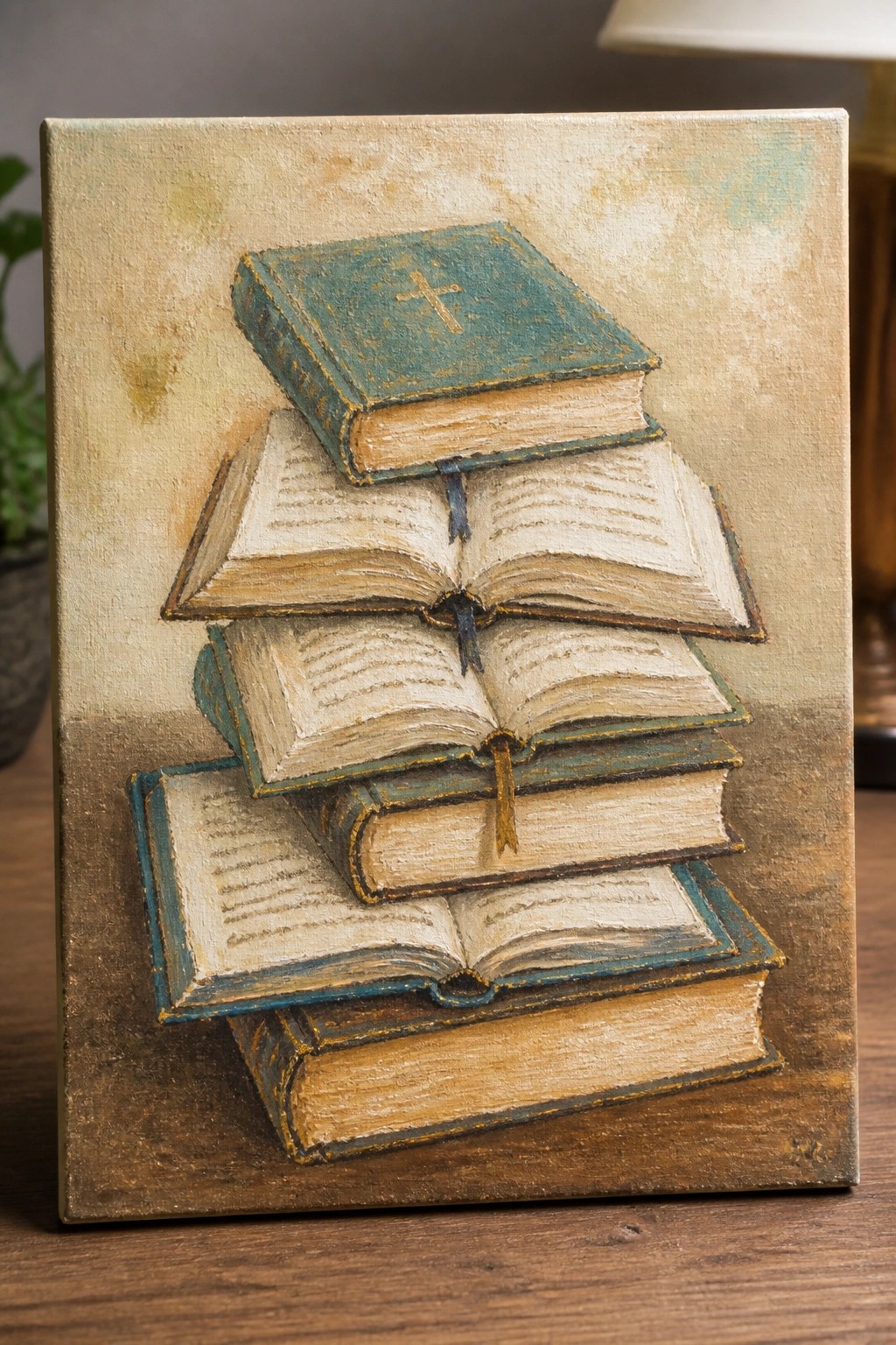 Oil painting of stacked antique books topped by teal volume with gold cross.