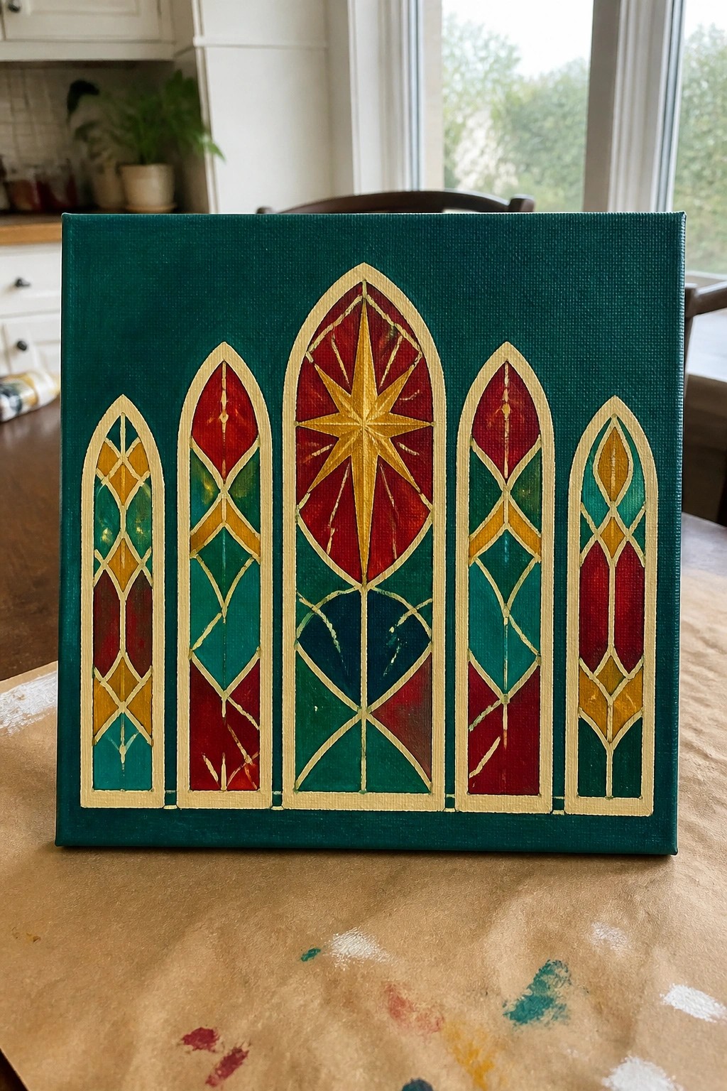 Dark green canvas with five gold-outlined gothic arches in red, teal, and yellow, central star
