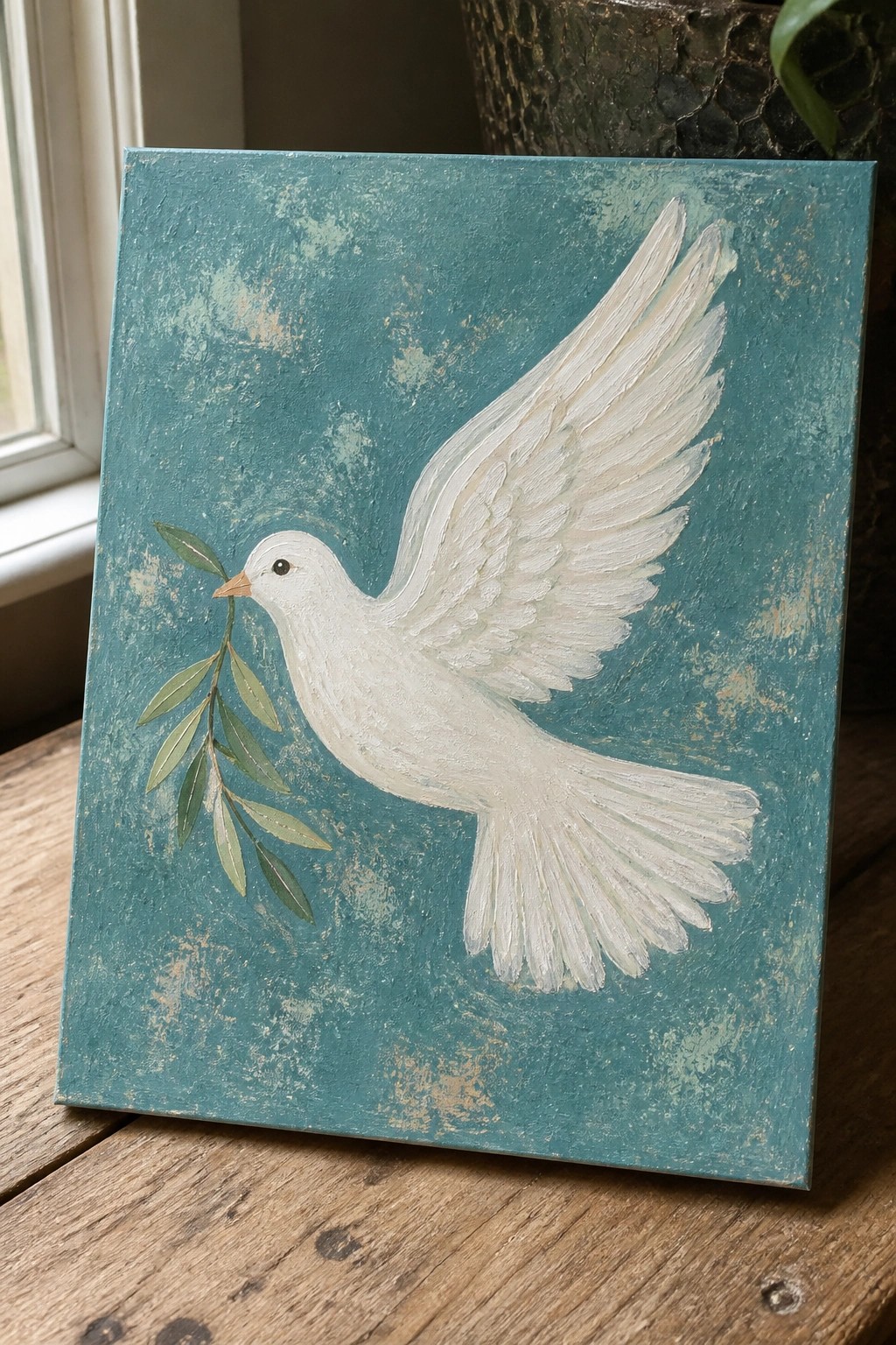 White dove with olive branch in flight on textured teal canvas atop wood.
