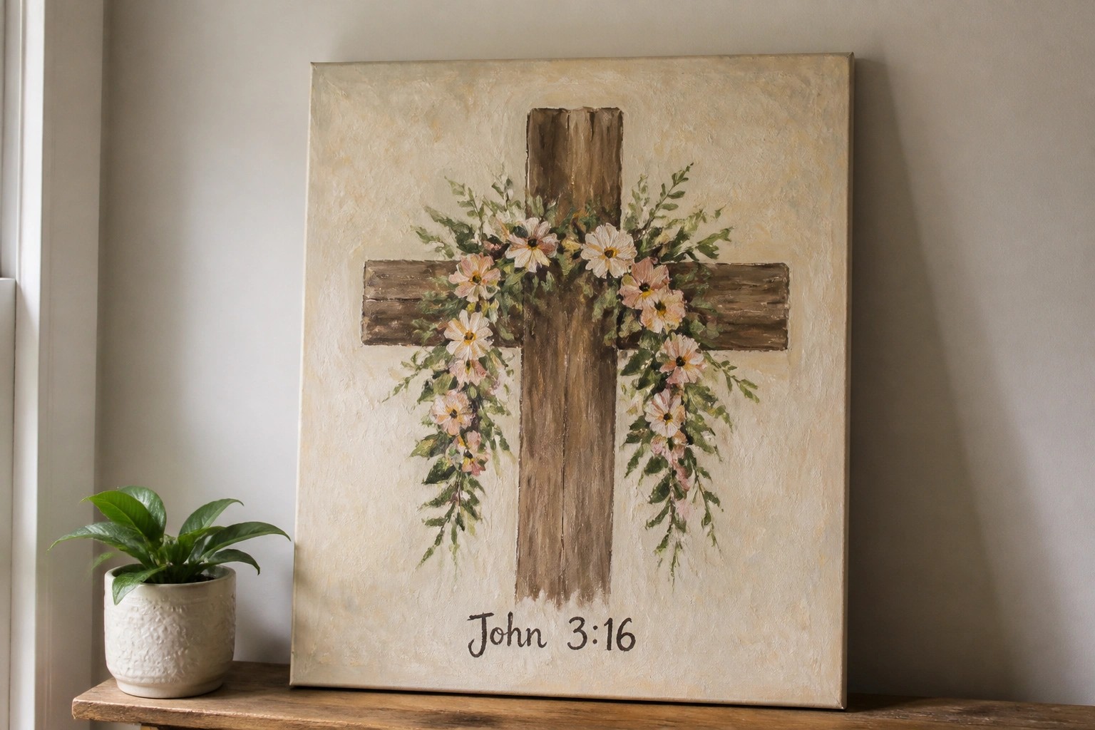Wooden cross with pink flowers on beige canvas, John 3:16 text below