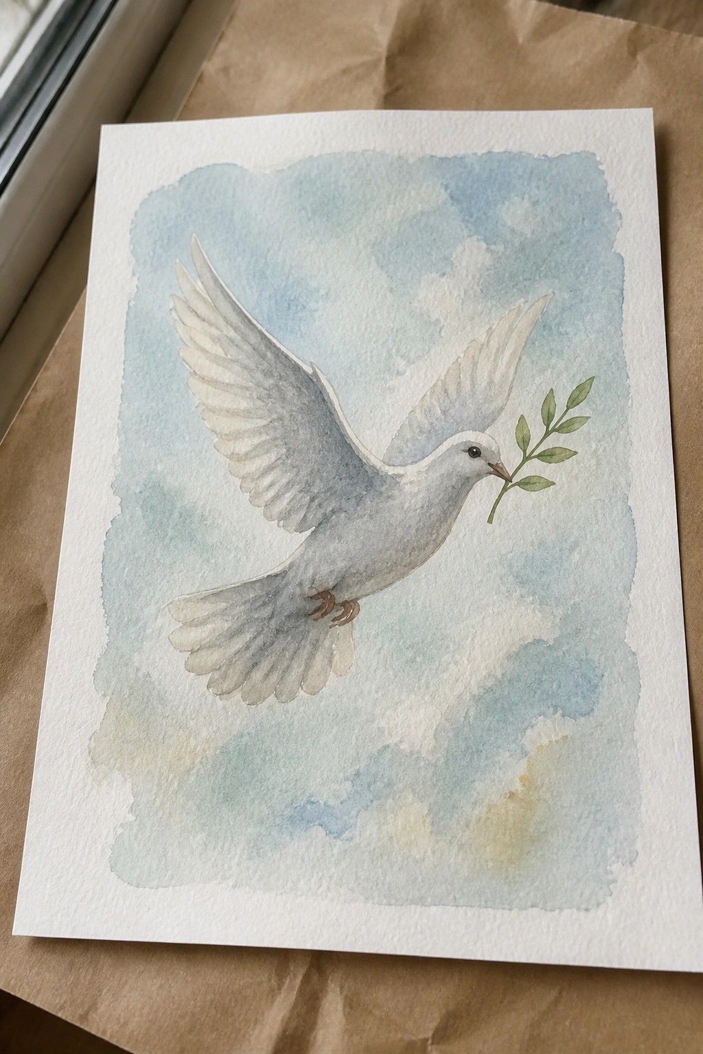Watercolor painting of white dove with olive branch flying in cloudy blue sky