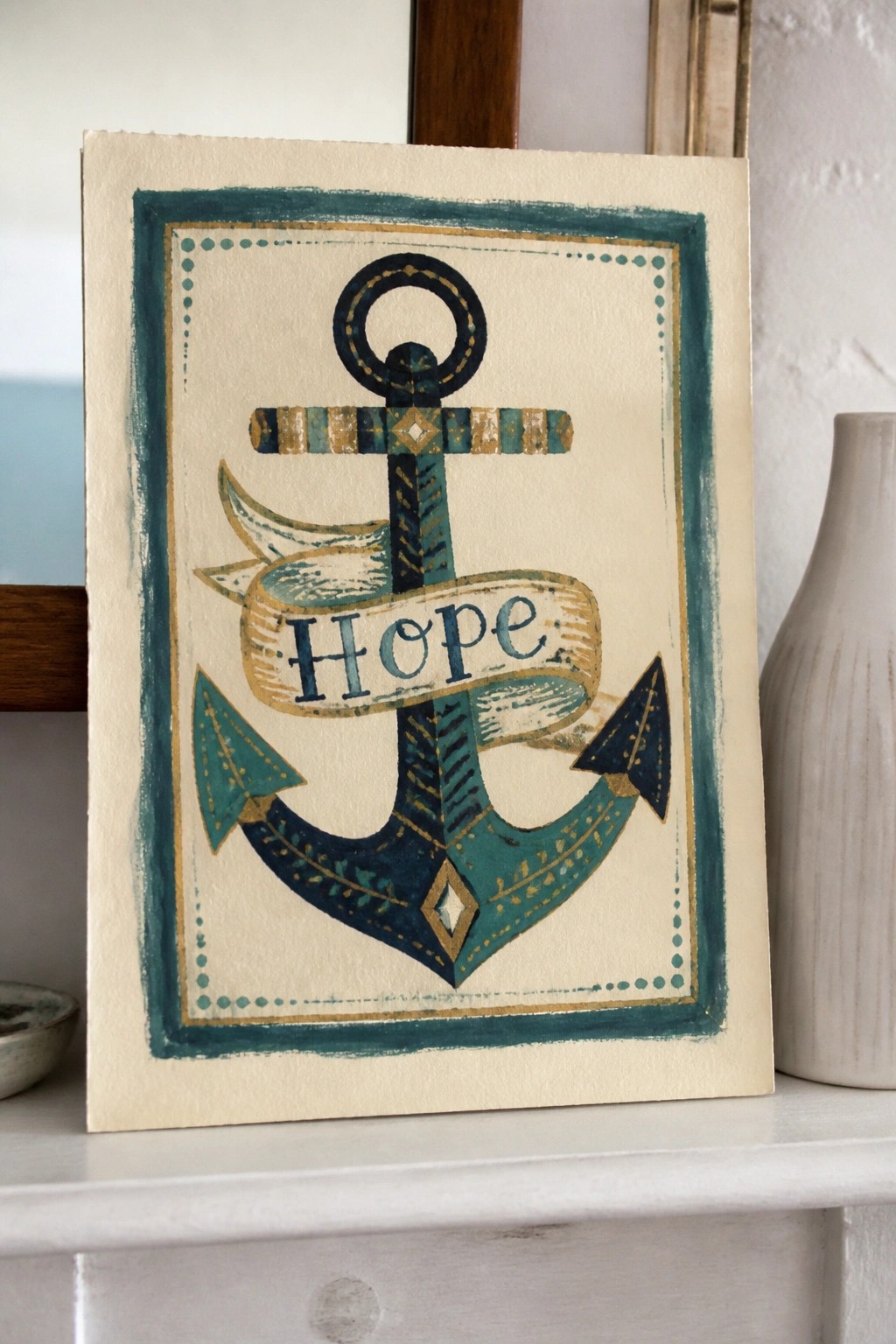 Teal and navy anchor with hope banner in gold-trimmed watercolor border.