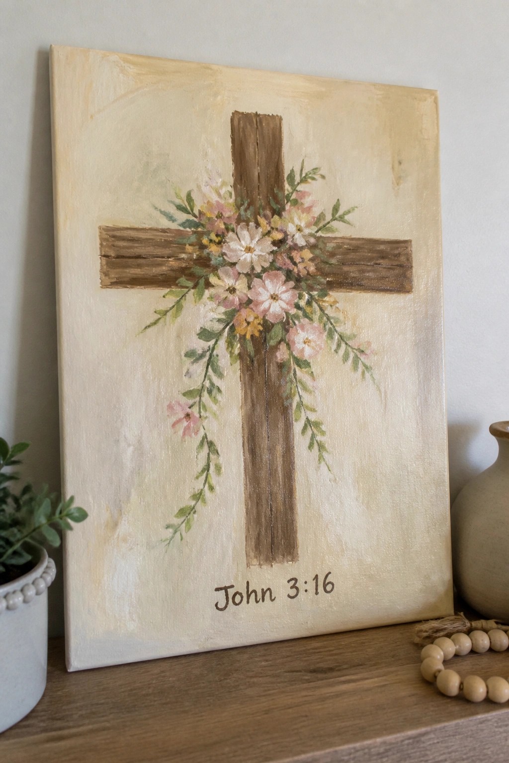 Wooden cross with pink flowers on beige canvas, John 3:16 text below