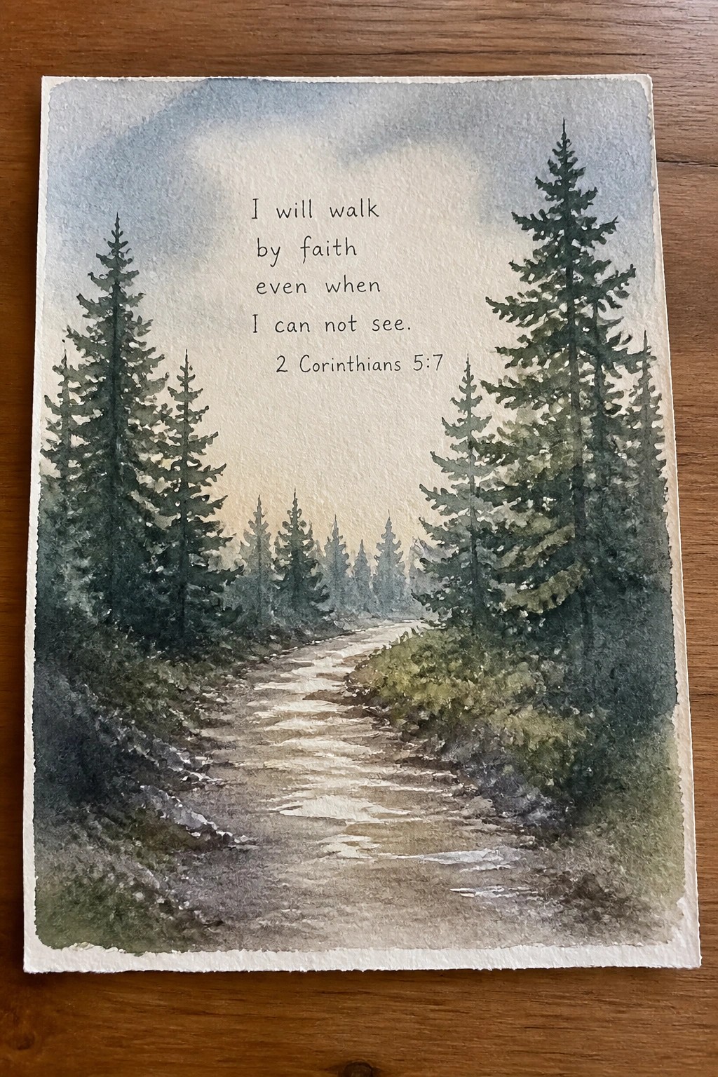 Watercolor painting of misty forest path with tall pines and Bible verse text