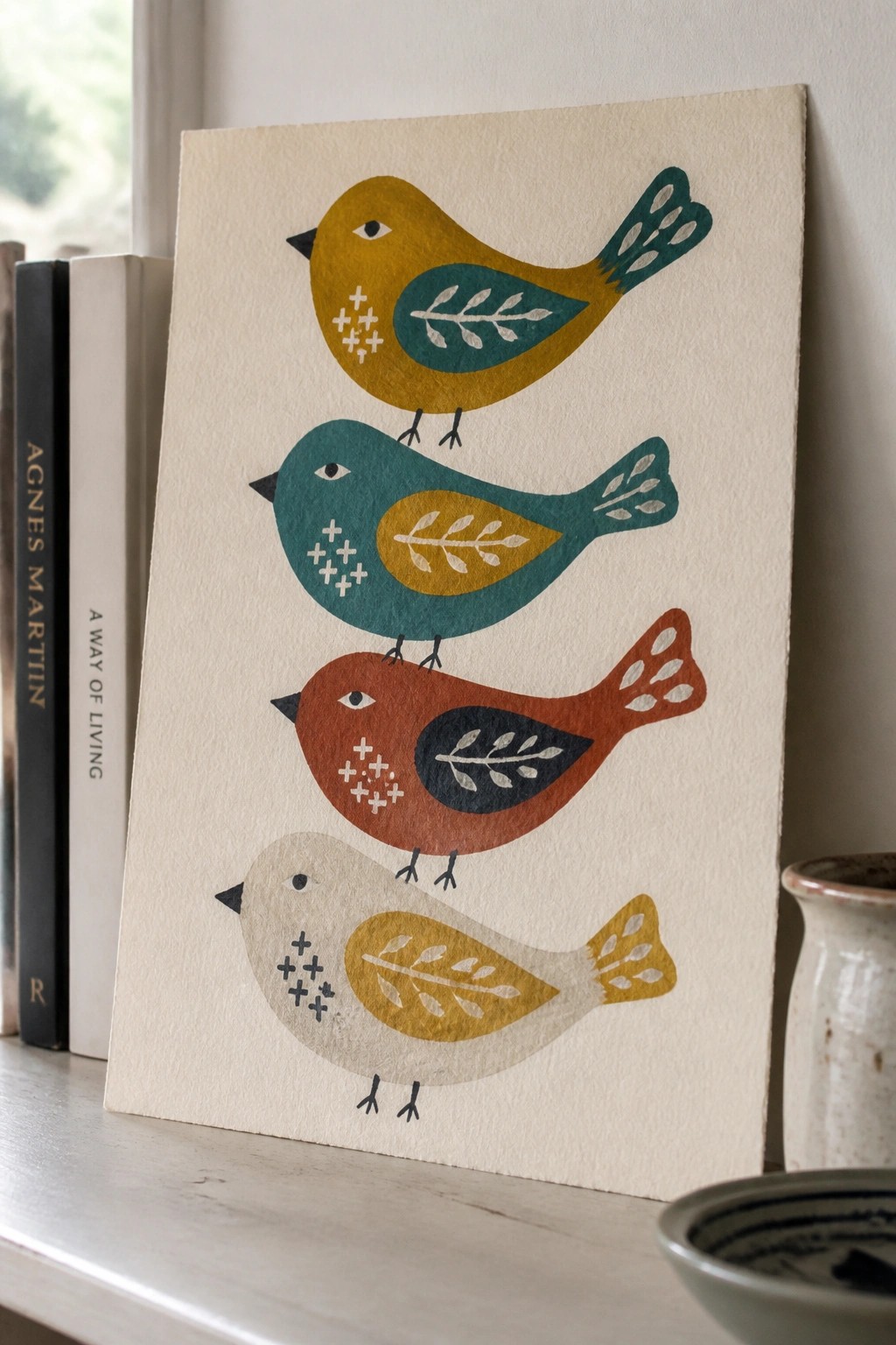 Four stacked colorful stylized birds on paper beside books on a shelf