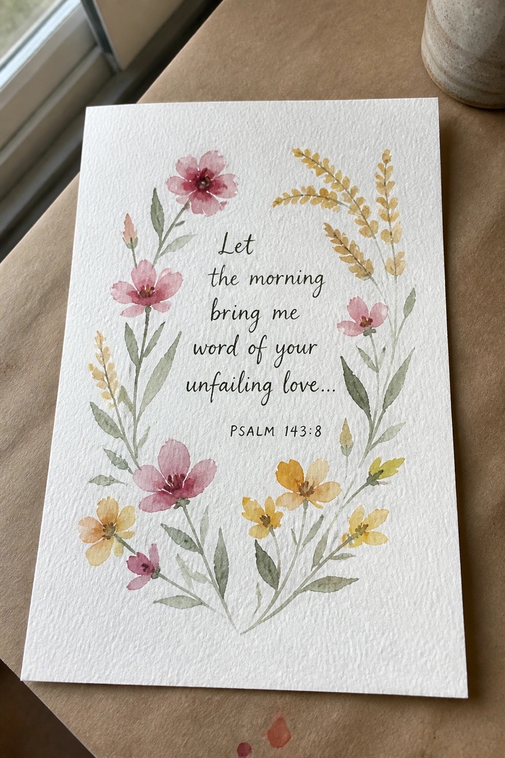 White card with pink and yellow watercolor flowers framing Psalm 143:8 quote