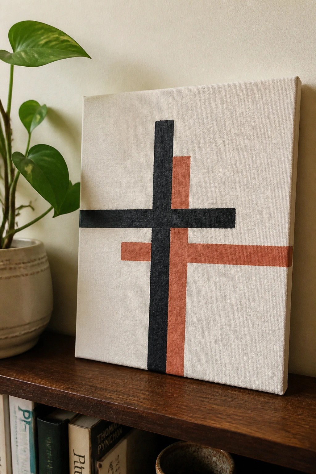 Abstract canvas with black and terracotta cross on wooden shelf beside potted plant