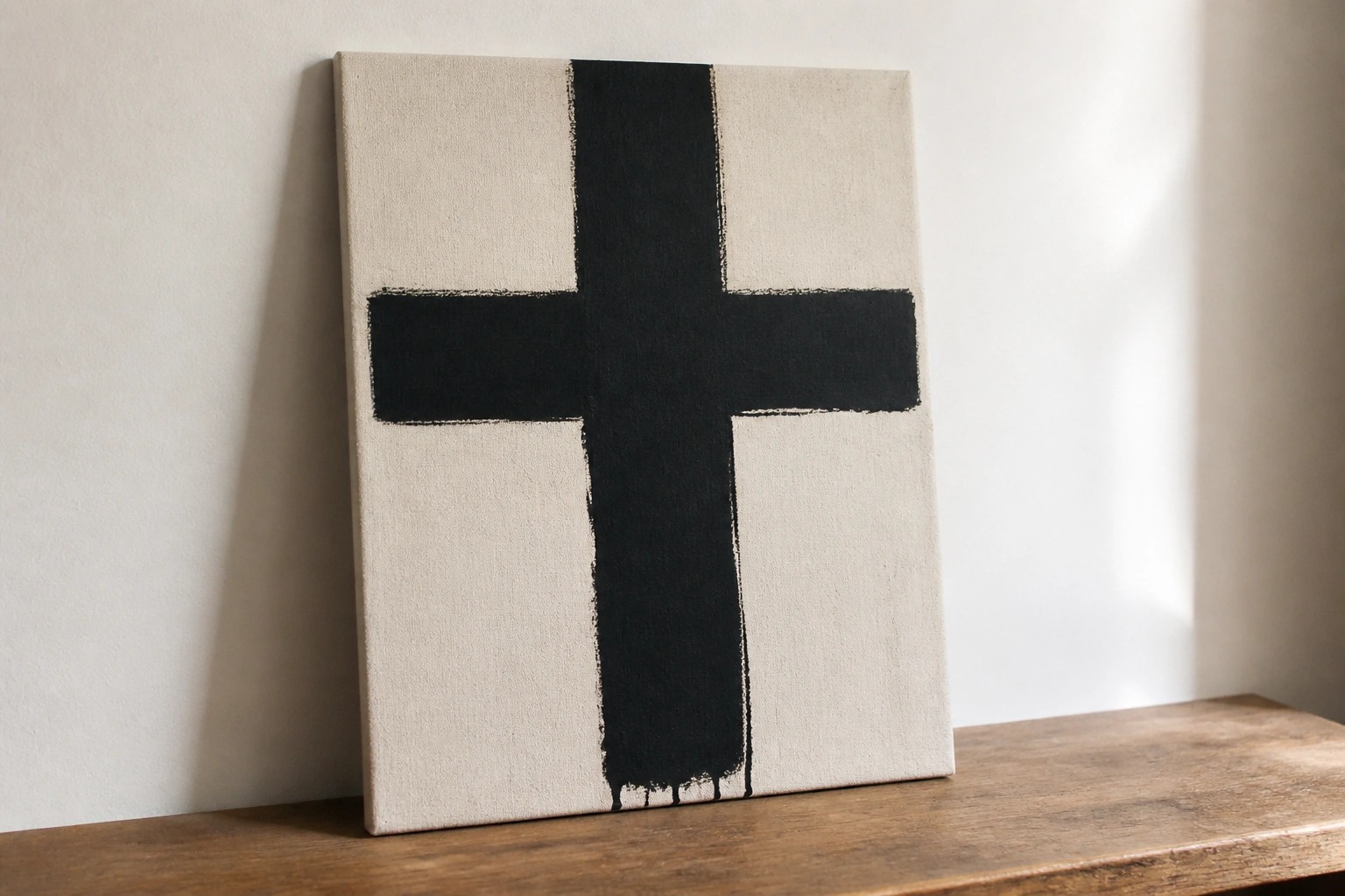 Black cross with drips on off-white canvas propped on wooden shelf beside vase