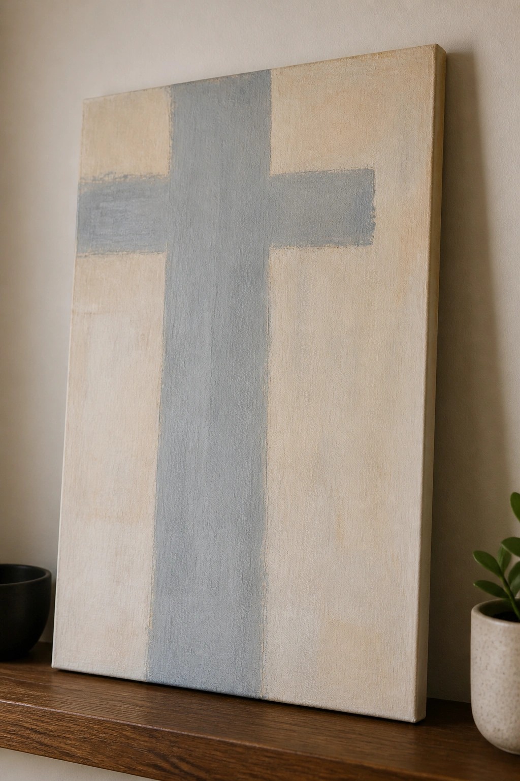 Abstract beige canvas with gray cross on wooden shelf beside bowl and plant.