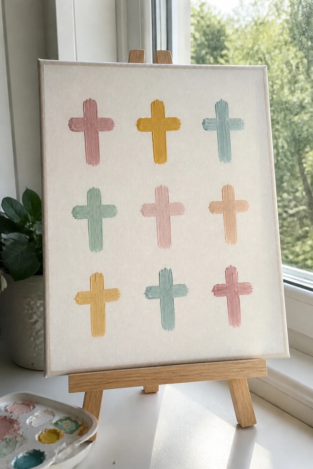 Canvas on wooden easel displays nine pastel crosses in a grid pattern.