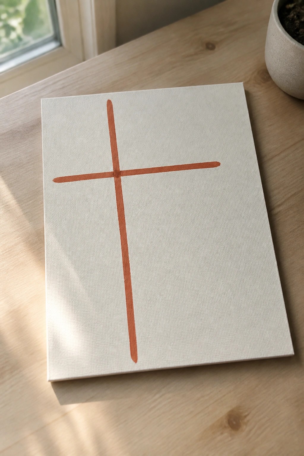 White canvas with centered orange cross on light wooden table near window.