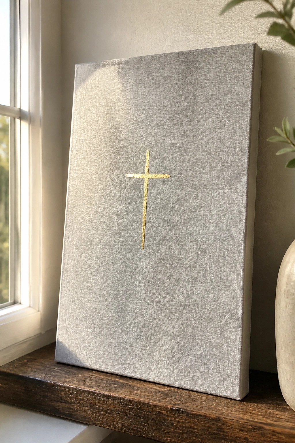 Textured light gray canvas with central gold cross on wooden windowsill in sunlight.