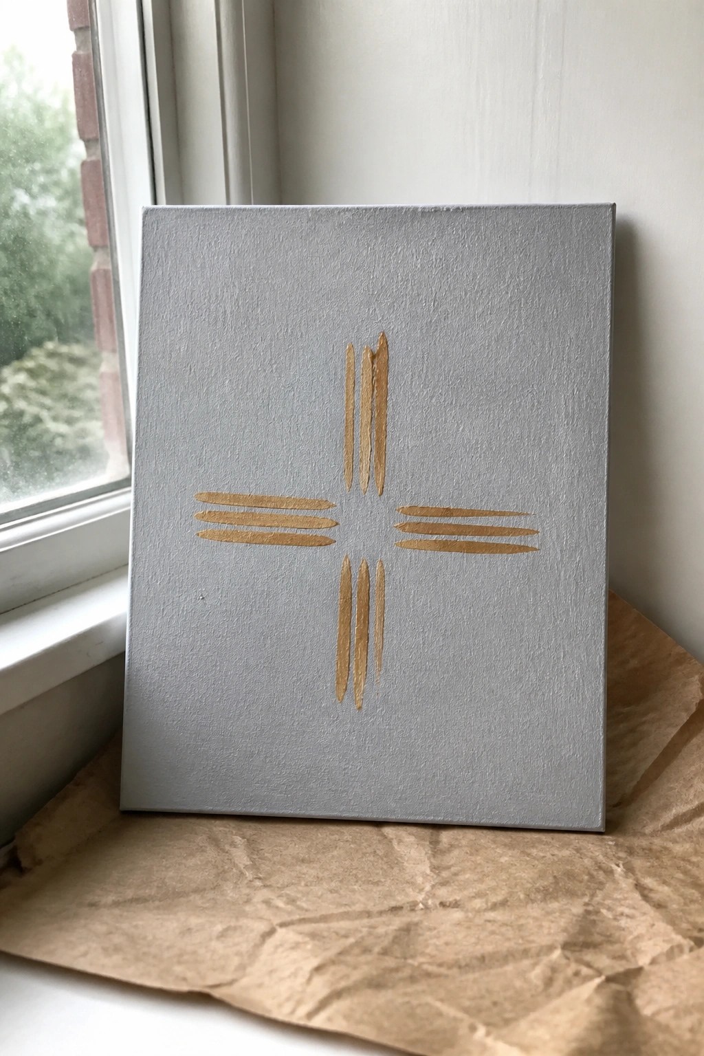 Gray canvas with gold cross symbol on brown paper by window.