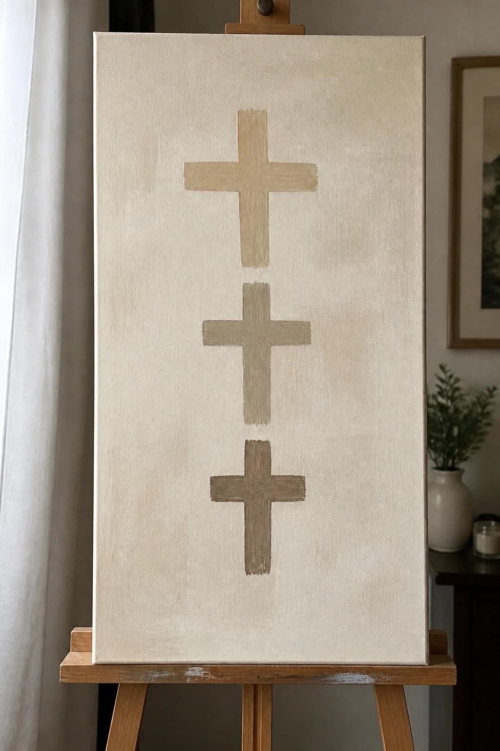 Three beige crosses painted vertically on canvas atop wooden easel