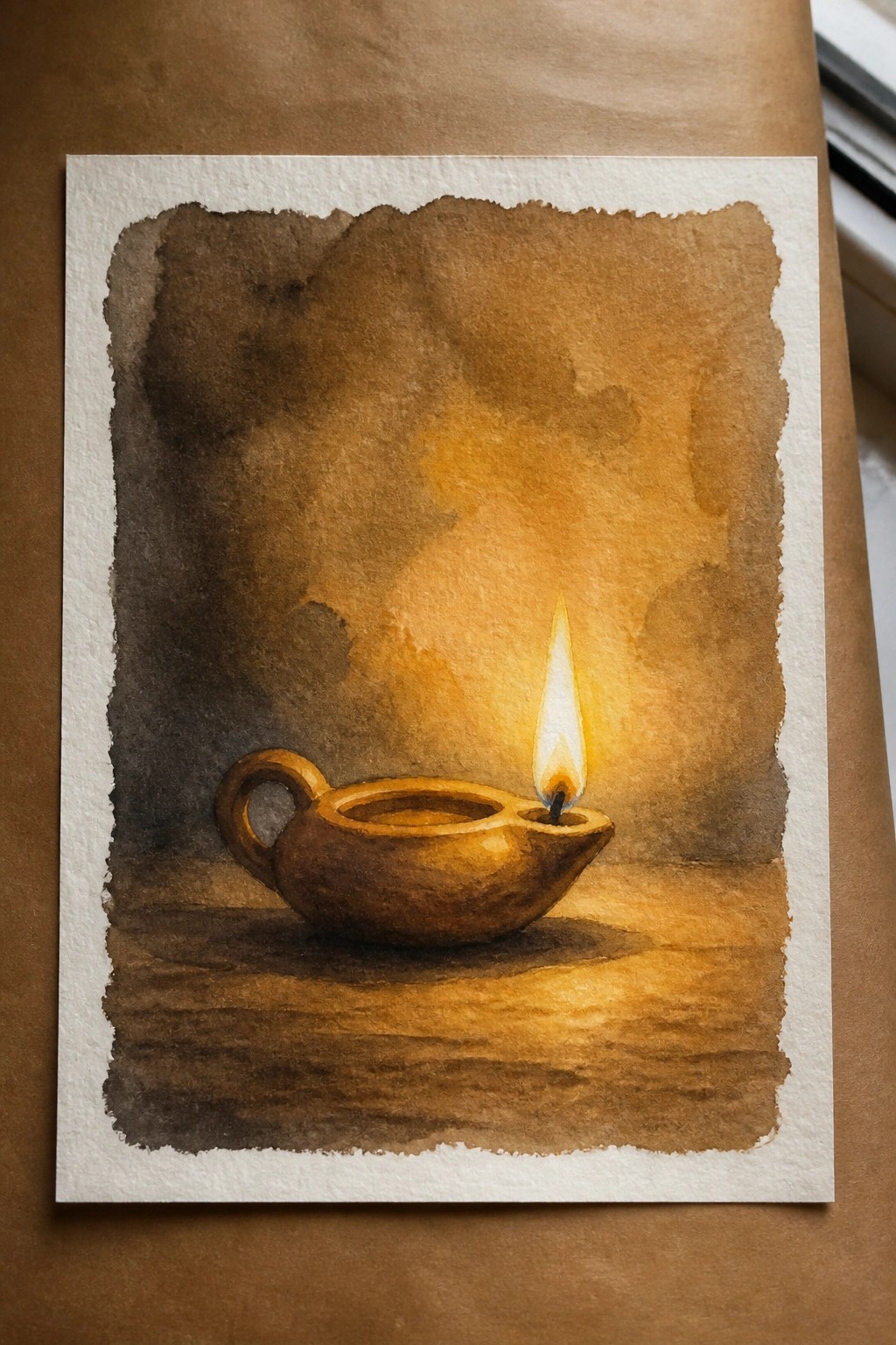 A painting of a brown clay oil lamp with a lit flame on a dark textured background.