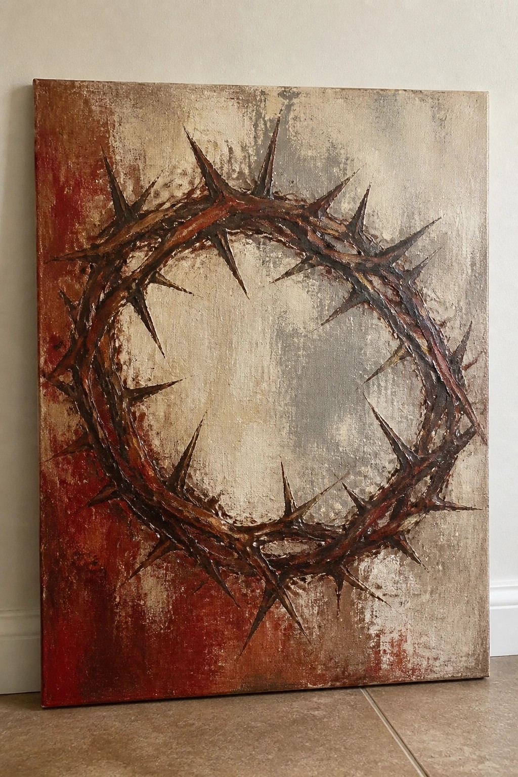 Abstract painting of a thorny crown with sharp spikes on textured canvas