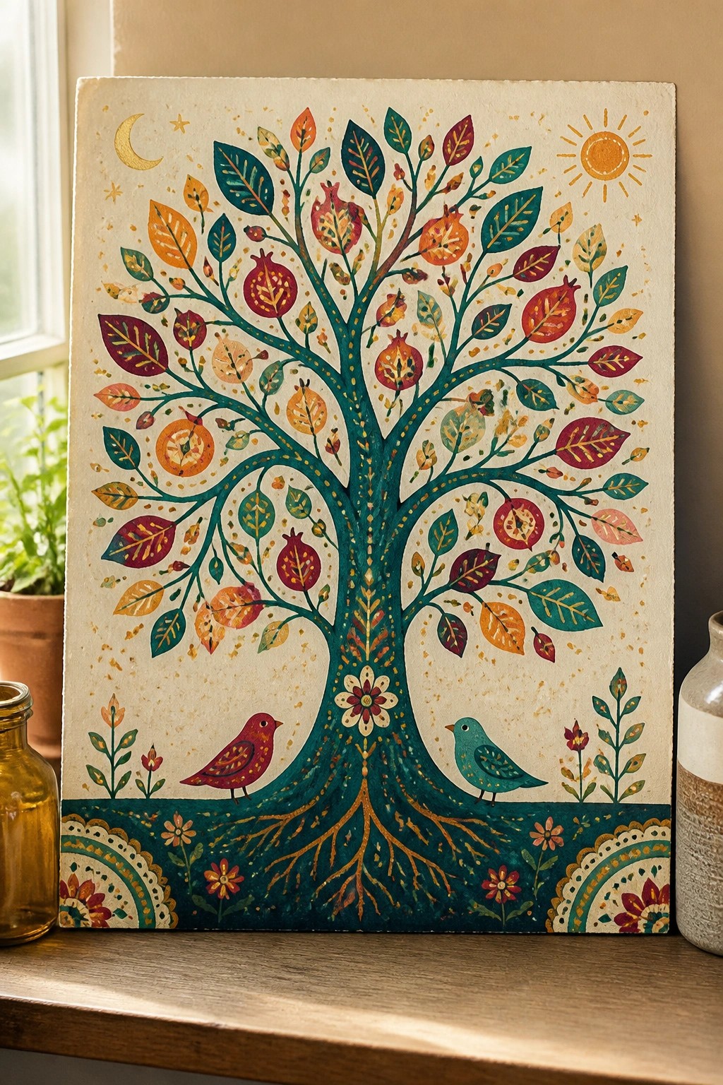 Vibrant folk art tree with colorful leaves, pomegranates, two birds, sun, and moon.