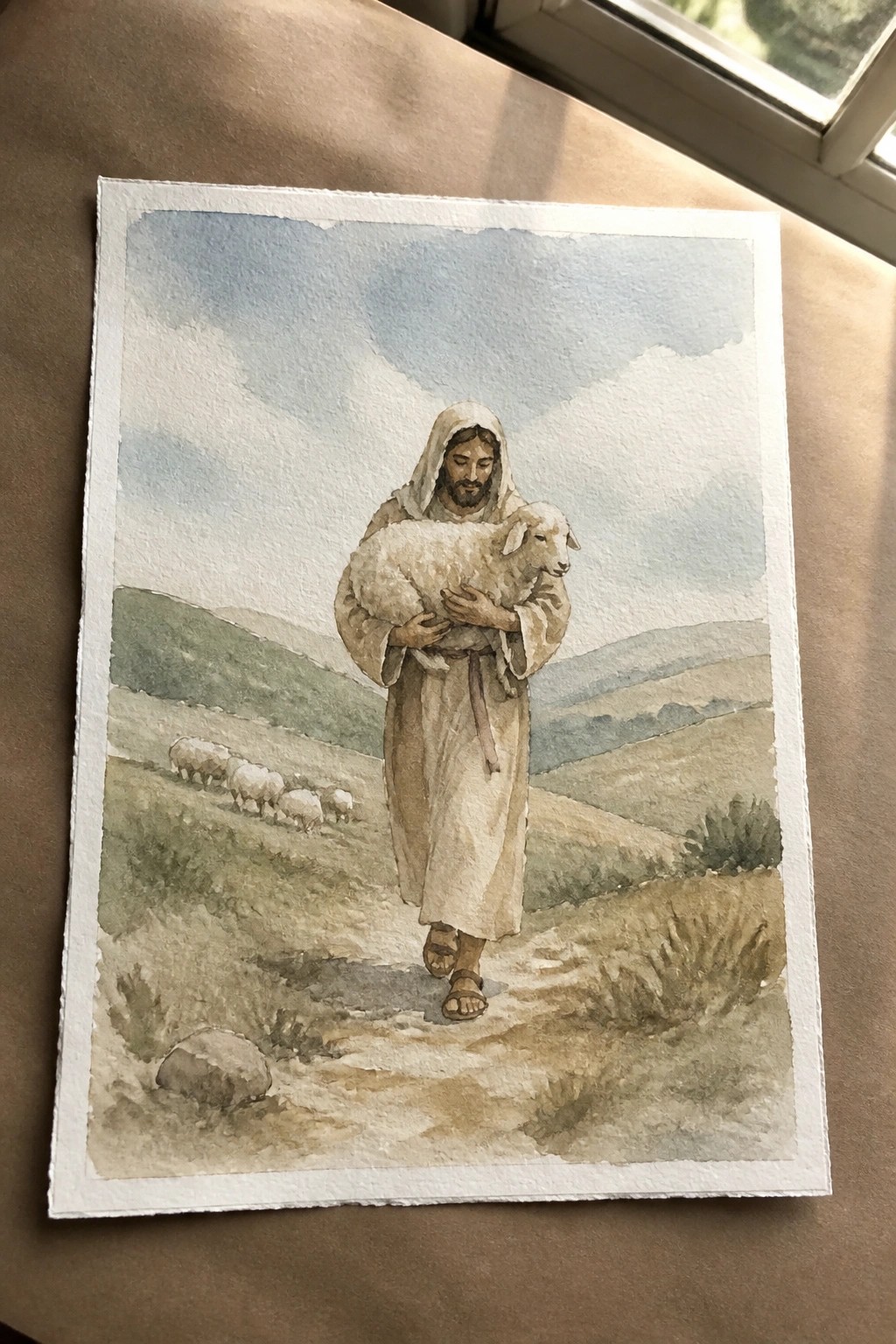 Watercolor of robed man carrying lamb on path amid rolling hills with grazing sheep