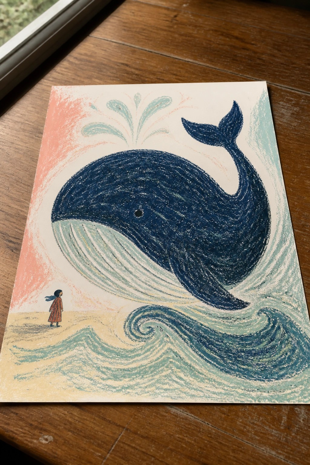 Crayon drawing of large blue whale above waves beside child in red coat