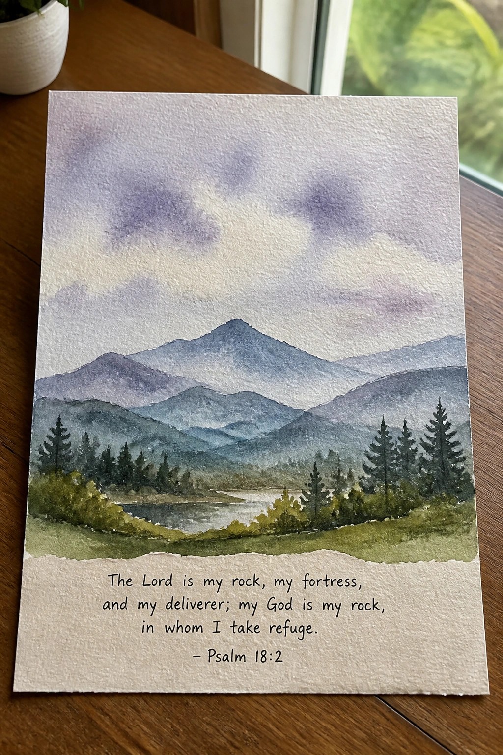 Watercolor landscape of misty blue mountains, green trees, and river with Psalm verse below