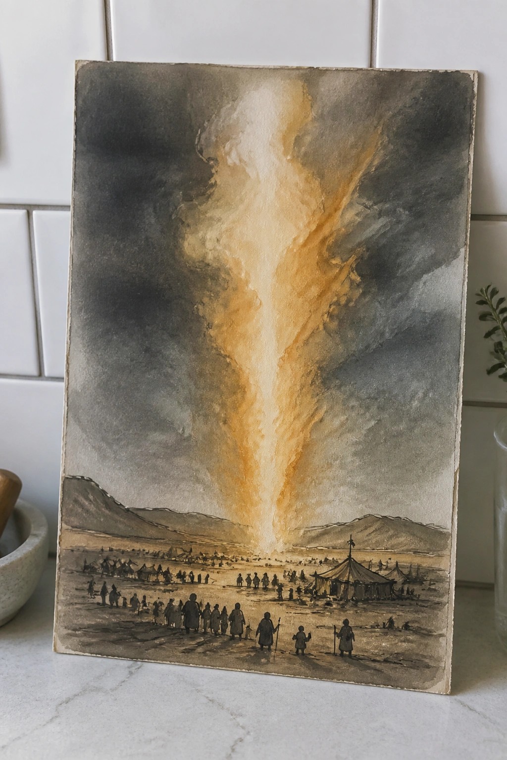 Watercolor of glowing fiery pillar above desert tents and robed figures with mountains.