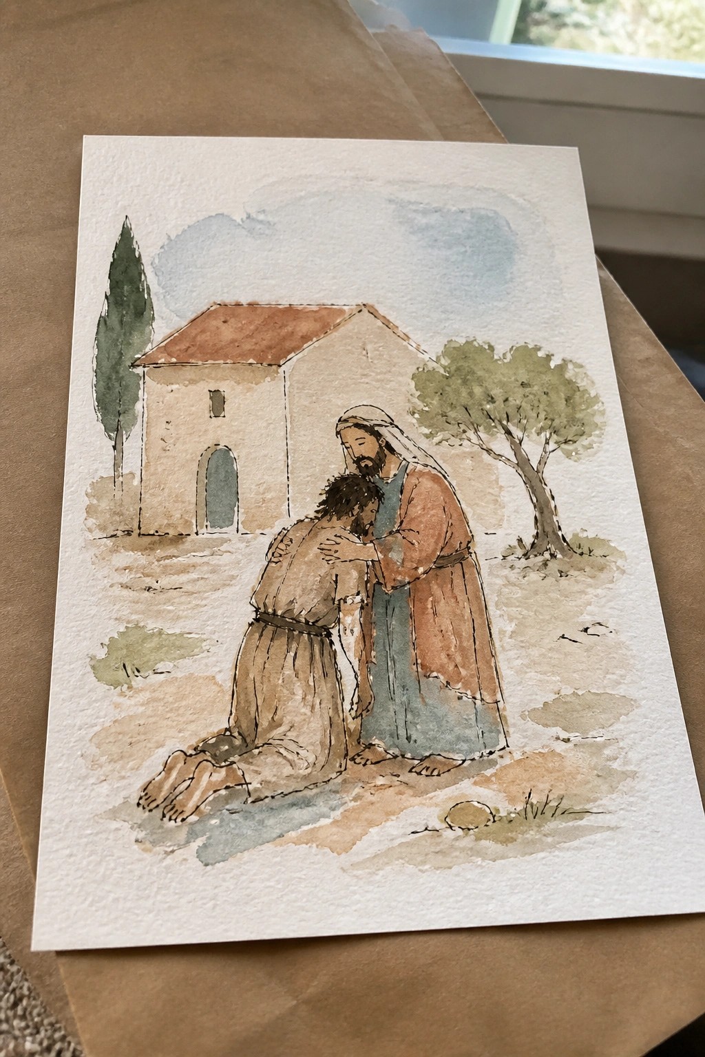Watercolor of robed man embracing kneeling figure outside building with trees and cypress.