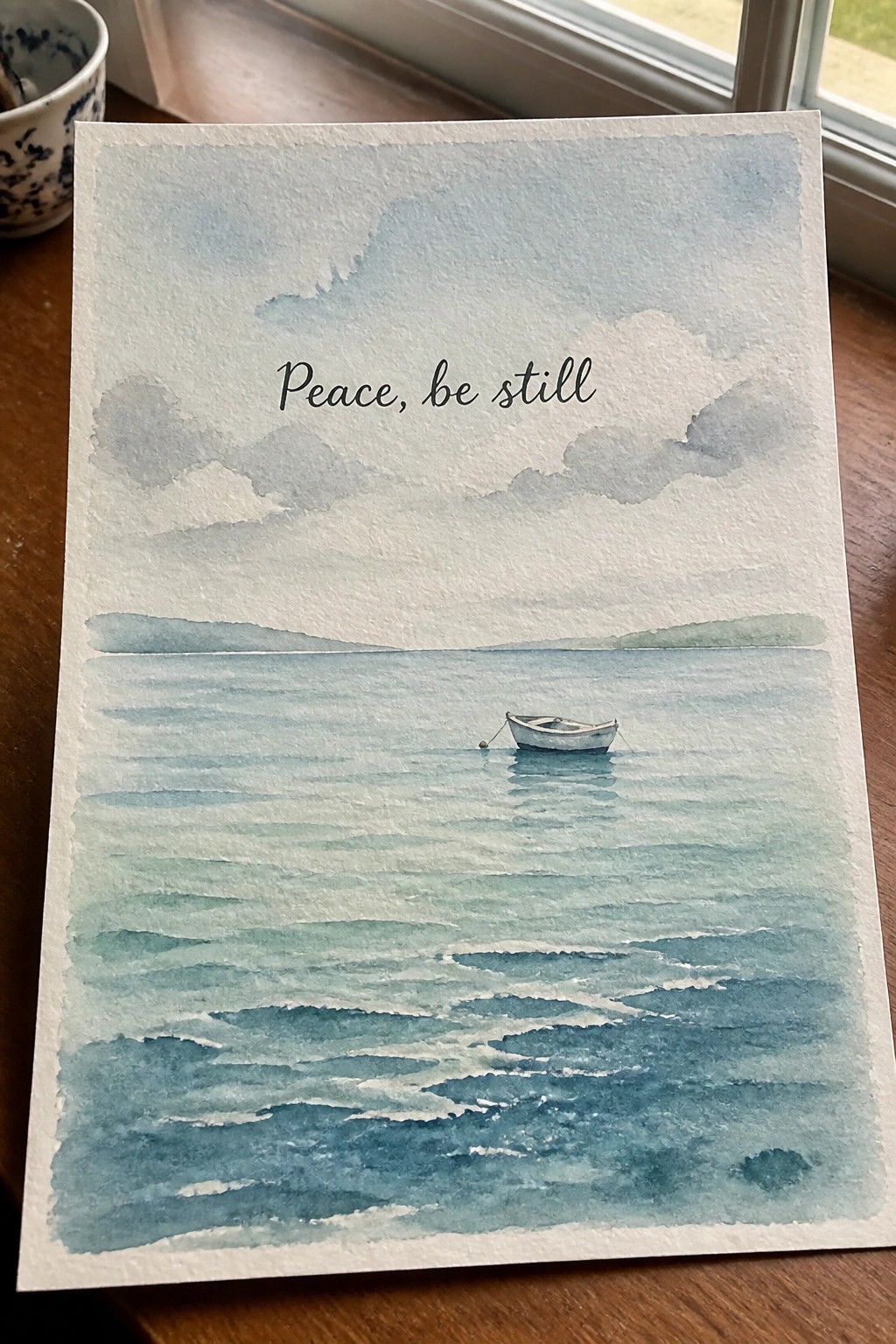 Watercolor seascape of small boat on blue waves, distant hills, cloudy sky, and 