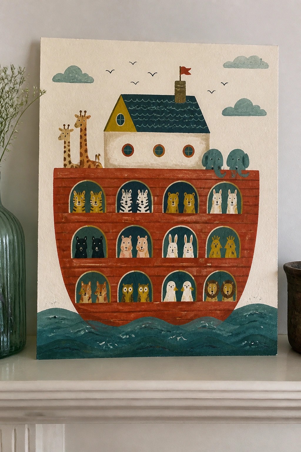 Colorful painting of Noah's Ark with paired animals peering from red boat portholes.