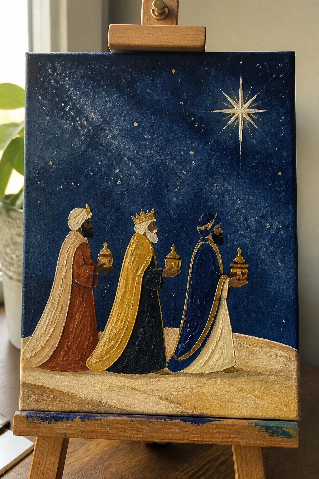 Three kings in brown, gold, and blue robes carry gifts under a bright star.