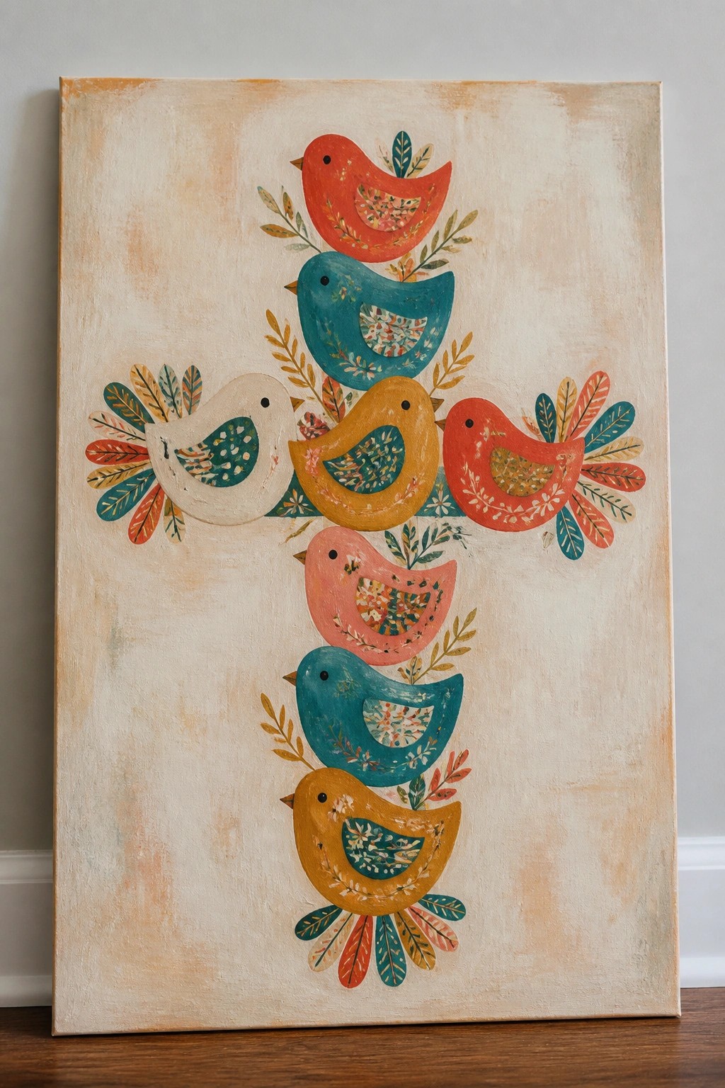 Colorful folk-art birds in red, teal, and gold forming a cross on canvas.