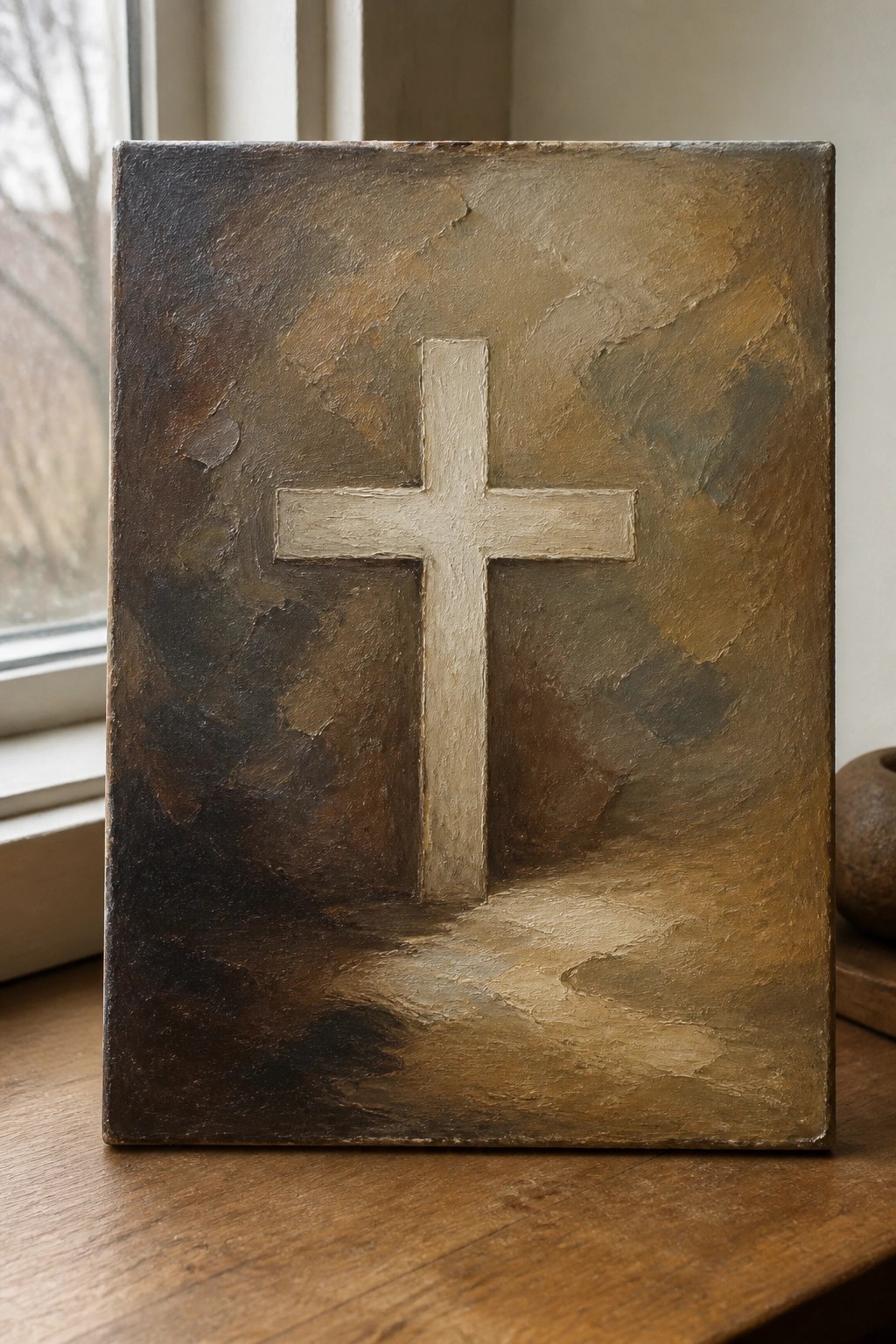 Textured painting of a white cross on mottled brown and gold canvas on wood.