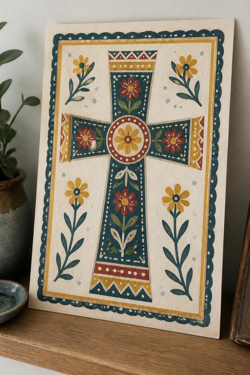 Folk art cross with yellow, red, and teal flowers in patterned design.